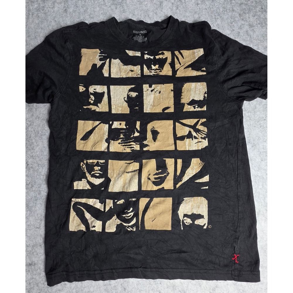 Express Mens Black Graphic T-Shirt Faces Grid Print Cotton Size M
